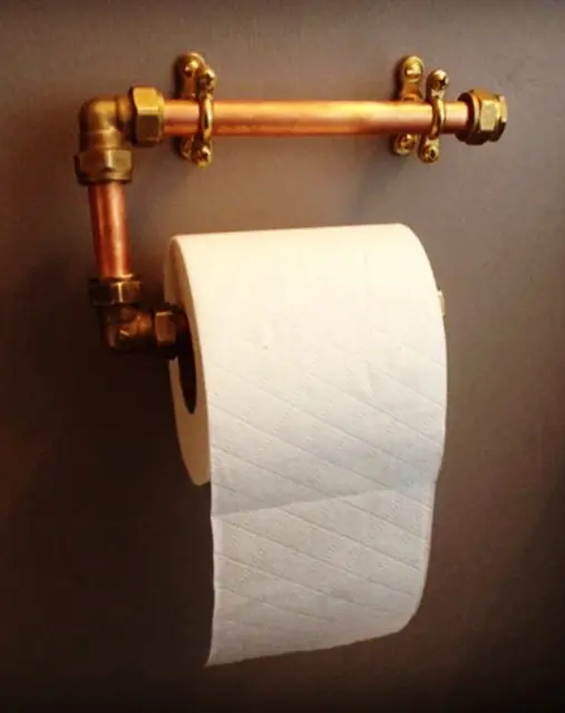 Bespoke toilet roll holder hand-made from copper pipe and brass compression fittings.